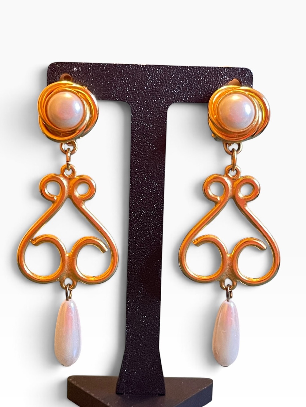 Vintage Made In Italy Faux Pearl & Satin Gold-Tone Scrollwork Clip On Earrings